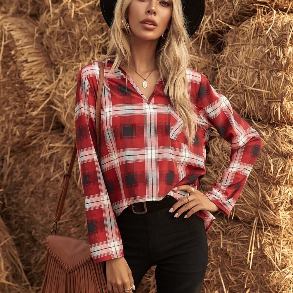 red white plaid hi low v neck long sleeve top